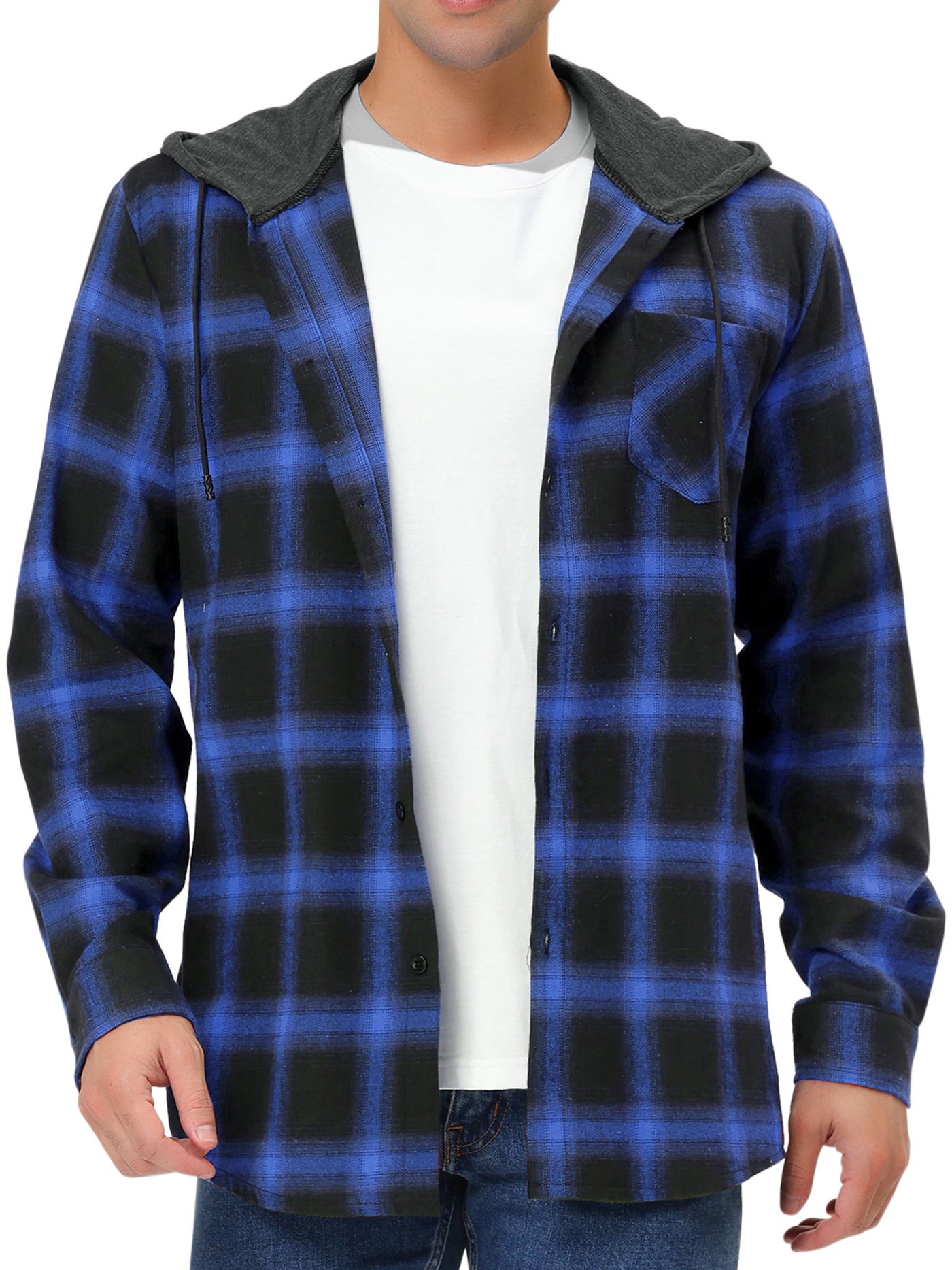 Bublédon Classic Button Down Long Sleeve Plaid Hooded Shirt