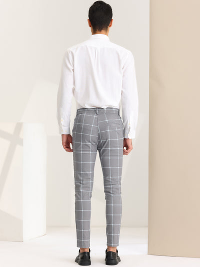 Men's Plaid Dress Pants Skinny Fit Flat Front Business Checked Trousers