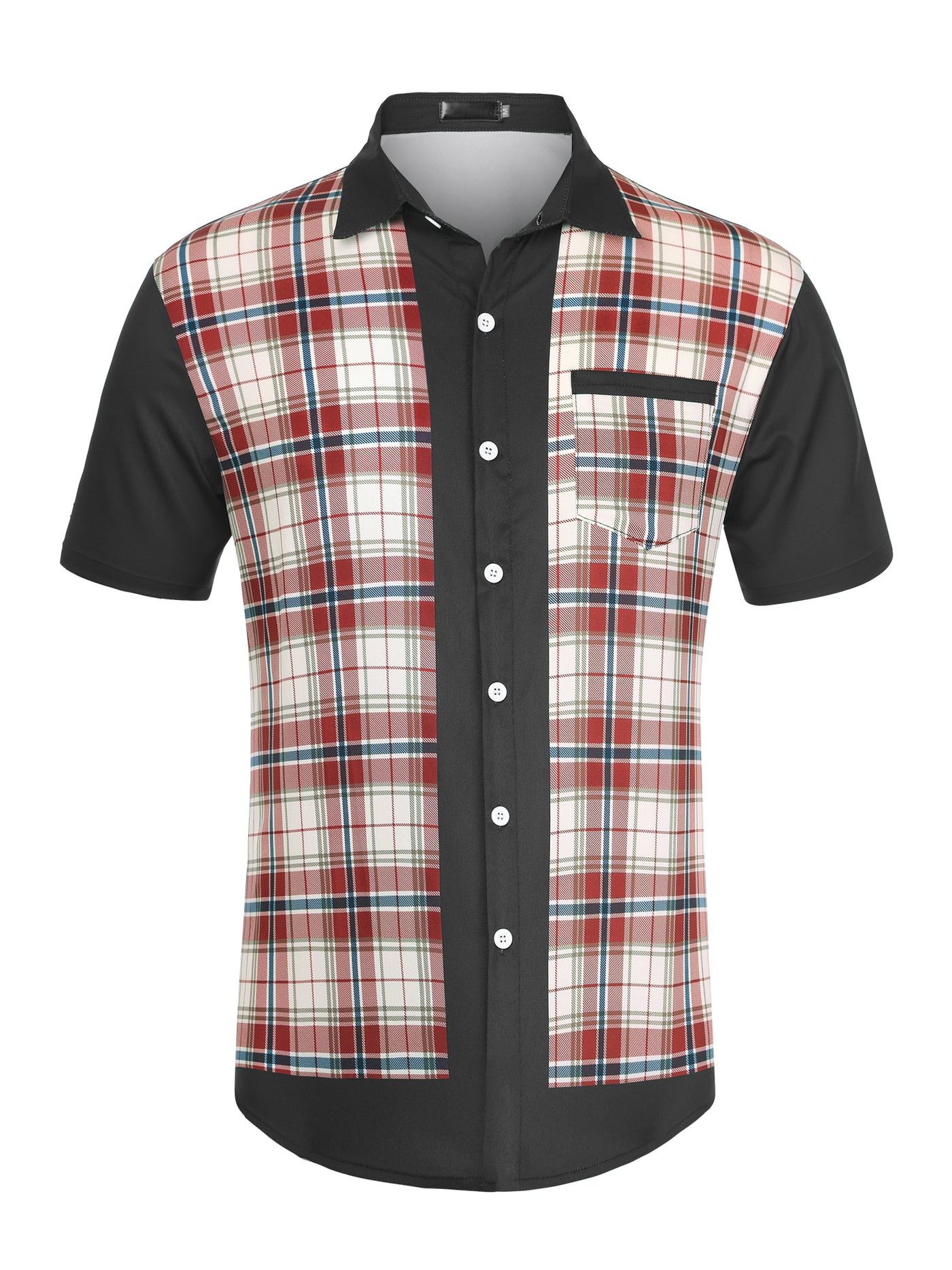 Bublédon Patchwork Plaid Short Sleeve Button Color Block Shirt