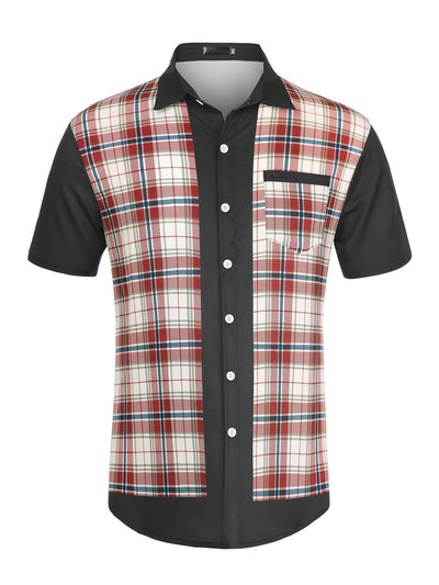 Patchwork Plaid Short Sleeve Button Color Block Shirt