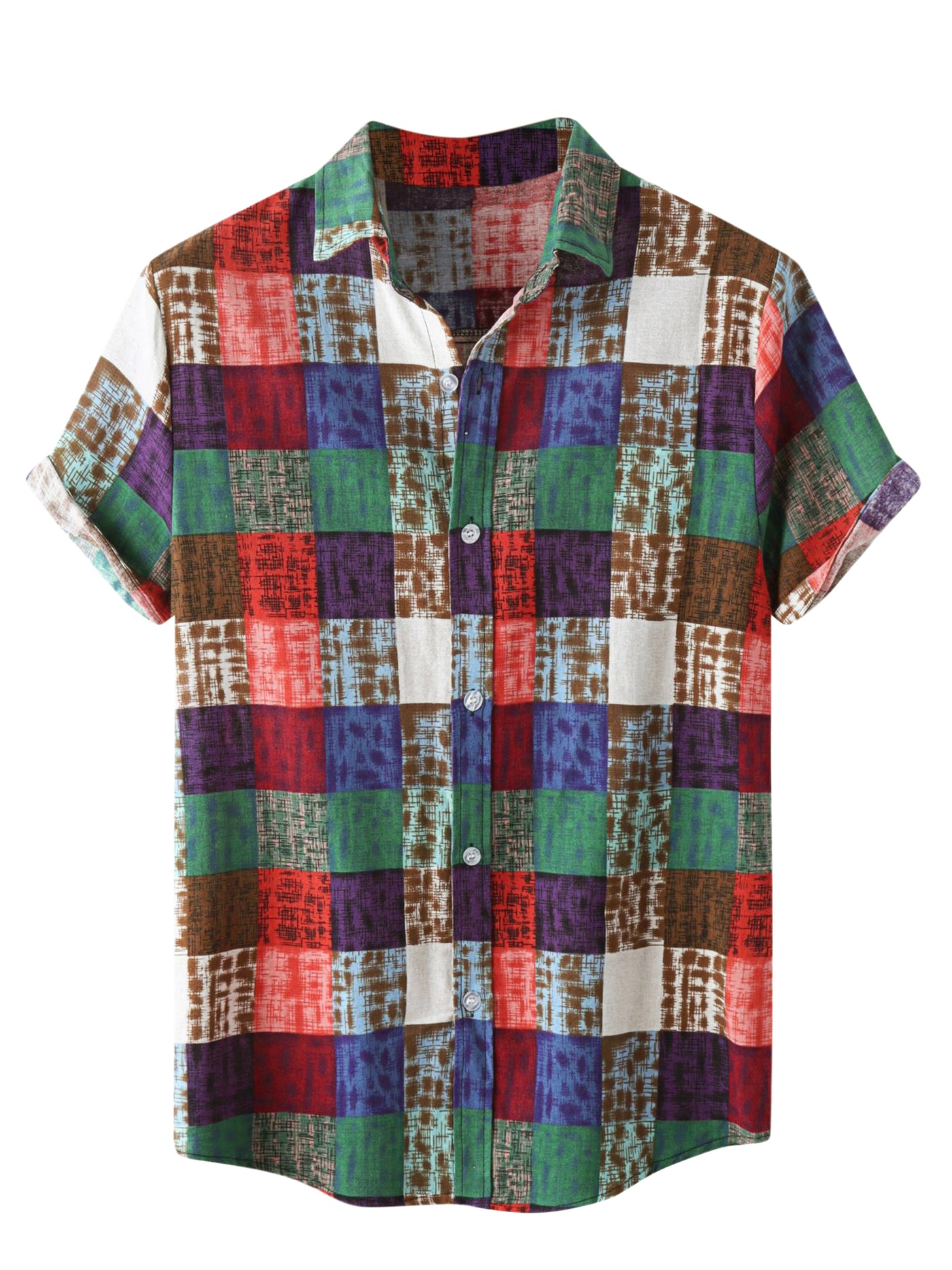 Bublédon Checked Short Sleeve Color Block Hawaiian Plaid Shirts