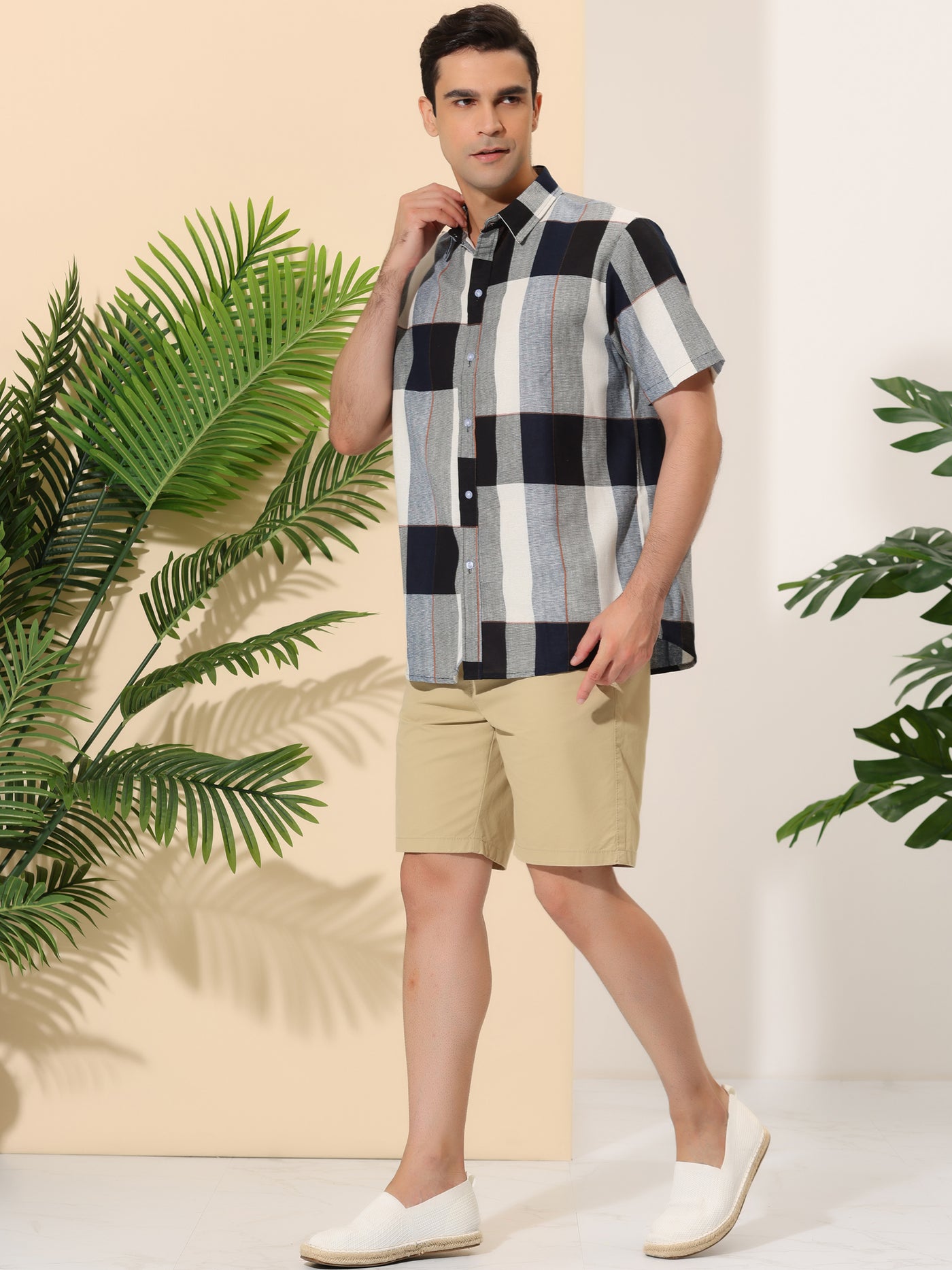 Bublédon Checked Short Sleeve Color Block Hawaiian Plaid Shirts