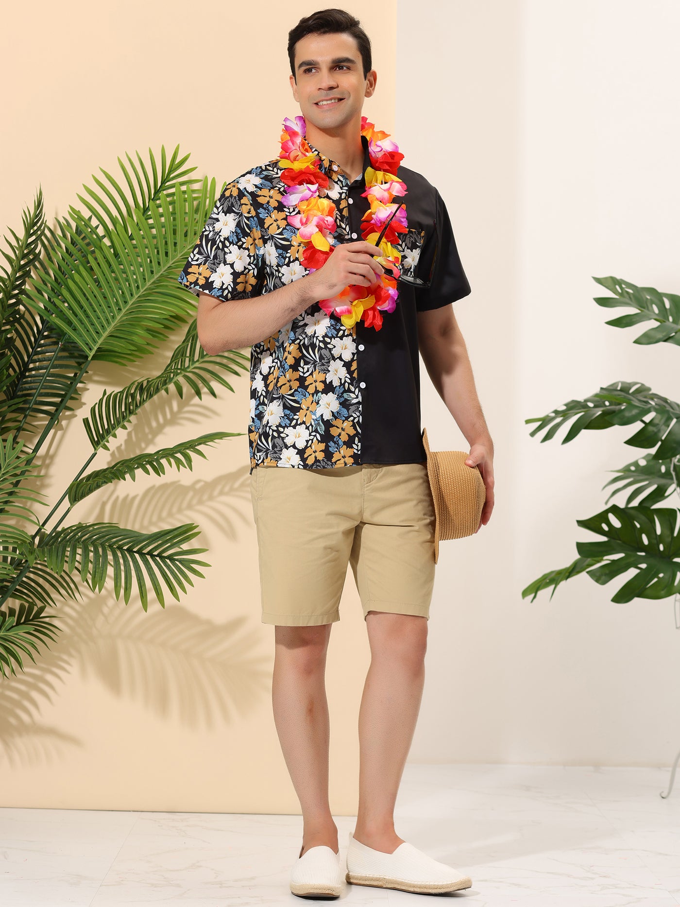 Bublédon Floral Printed Patchwork Point Collar Hawaiian Shirt