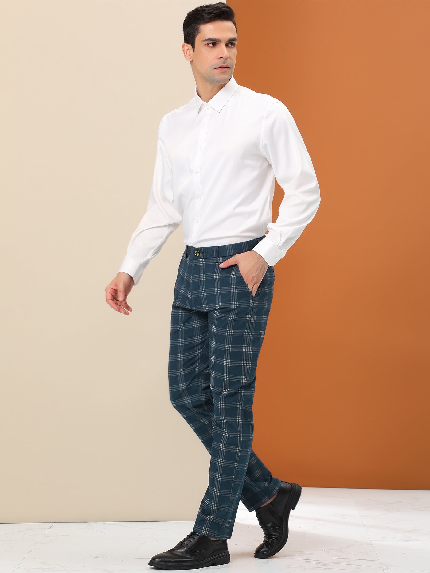 Bublédon Men's Plaid Slim Fit Flat Front Checked Business Pencil Dress Pants