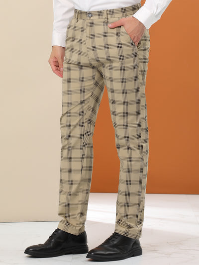 Men's Plaid Slim Fit Flat Front Checked Business Pencil Dress Pants