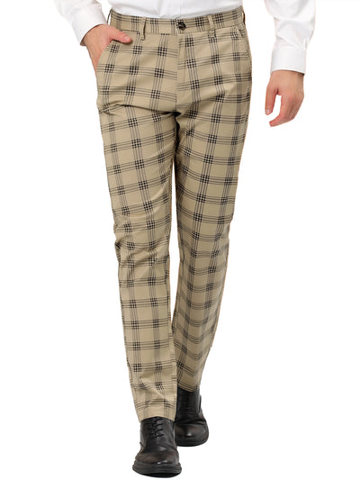 Men's Plaid Slim Fit Flat Front Checked Business Pencil Dress Pants