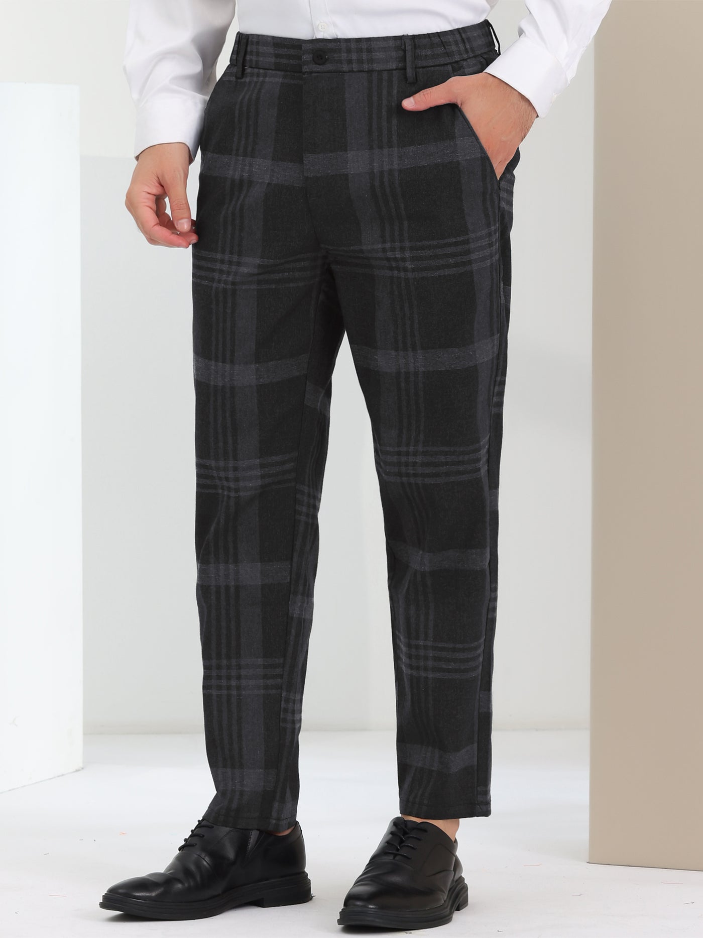 Bublédon Men's Business Plaid Printed Slim Fit Flat Front Checked Dress Pants