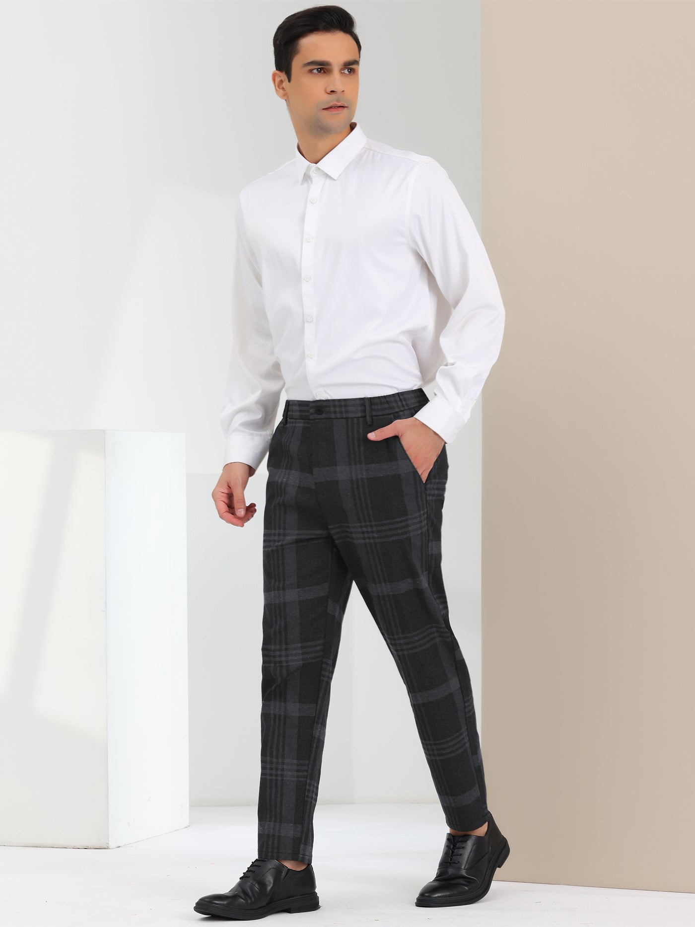 Bublédon Men's Business Plaid Printed Slim Fit Flat Front Checked Dress Pants