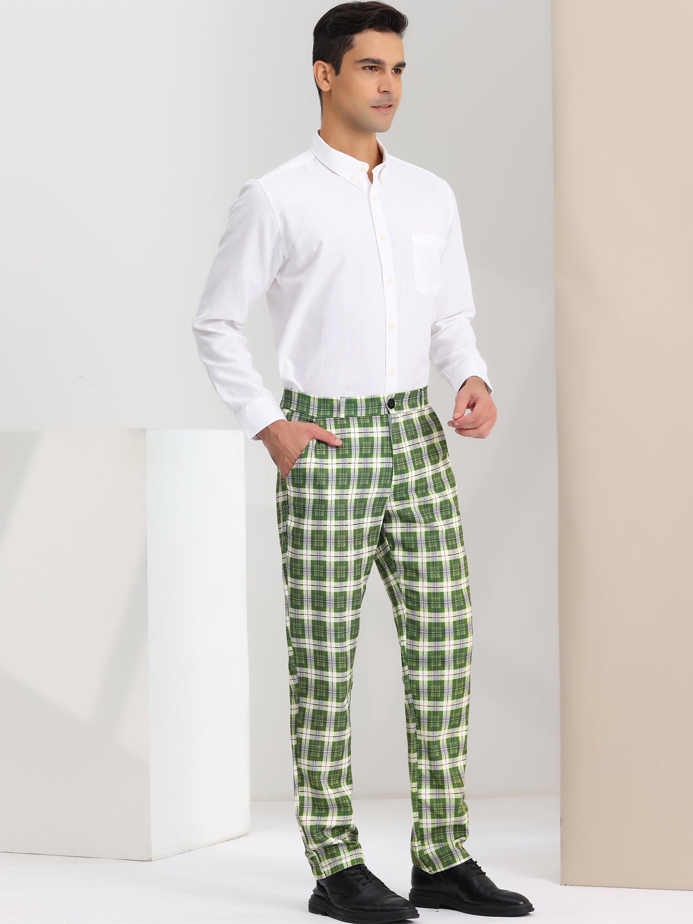 Bublédon Men's Casual Flat Front Stretch Business Plaid Dress Pants