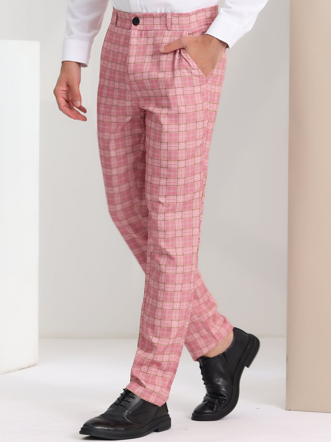 Lars Amadeus Men's Business Plaid Casual Slim Fit Checked Dress Trousers  Pink 30