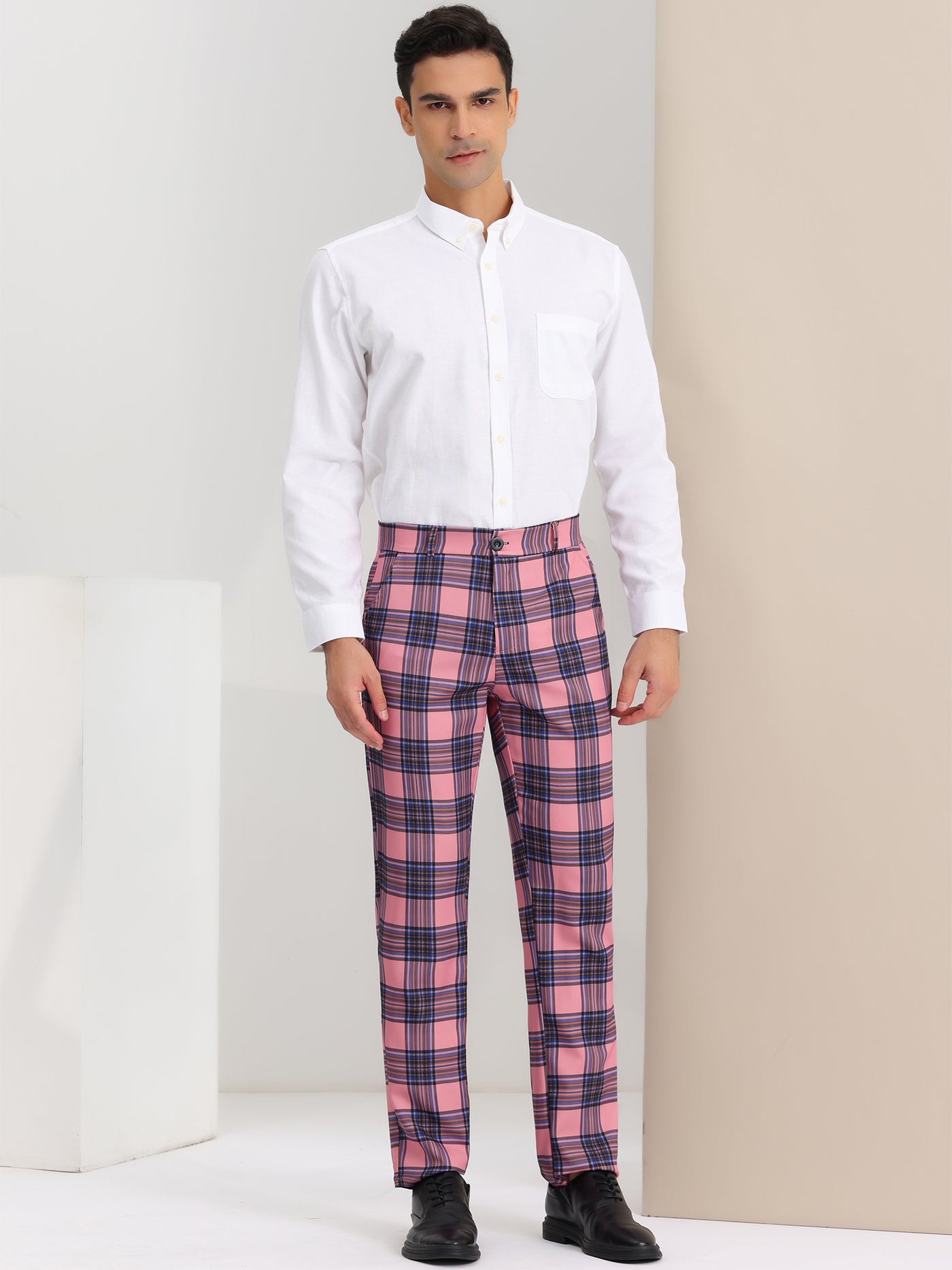 Bublédon Men's Casual Flat Front Stretch Business Plaid Dress Pants