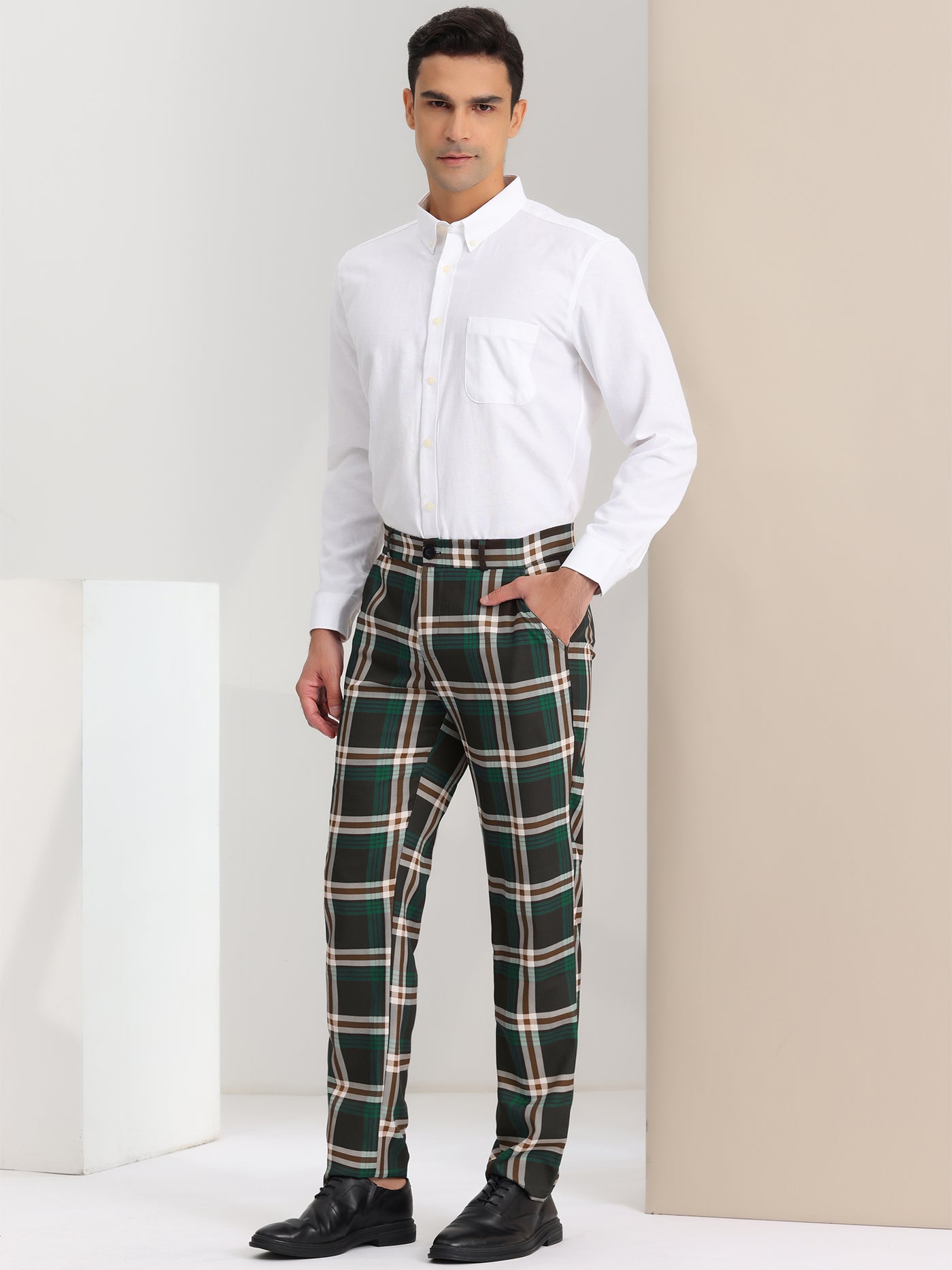 Bublédon Men's Casual Flat Front Stretch Business Plaid Dress Pants