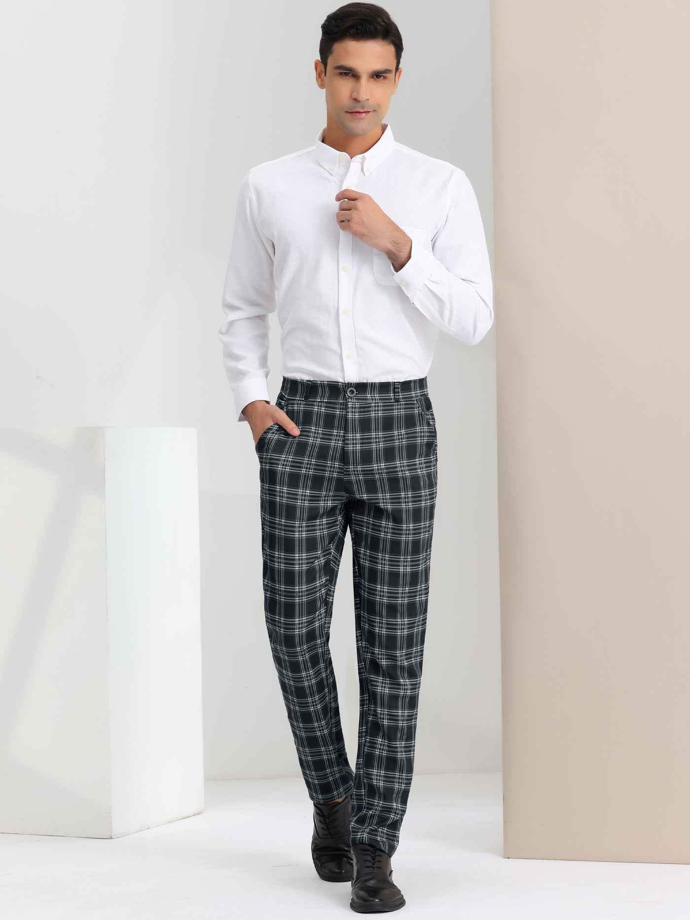 Bublédon Men's Regular Fit Flat Front Classic Elastic Waist Suit Plaid Pants