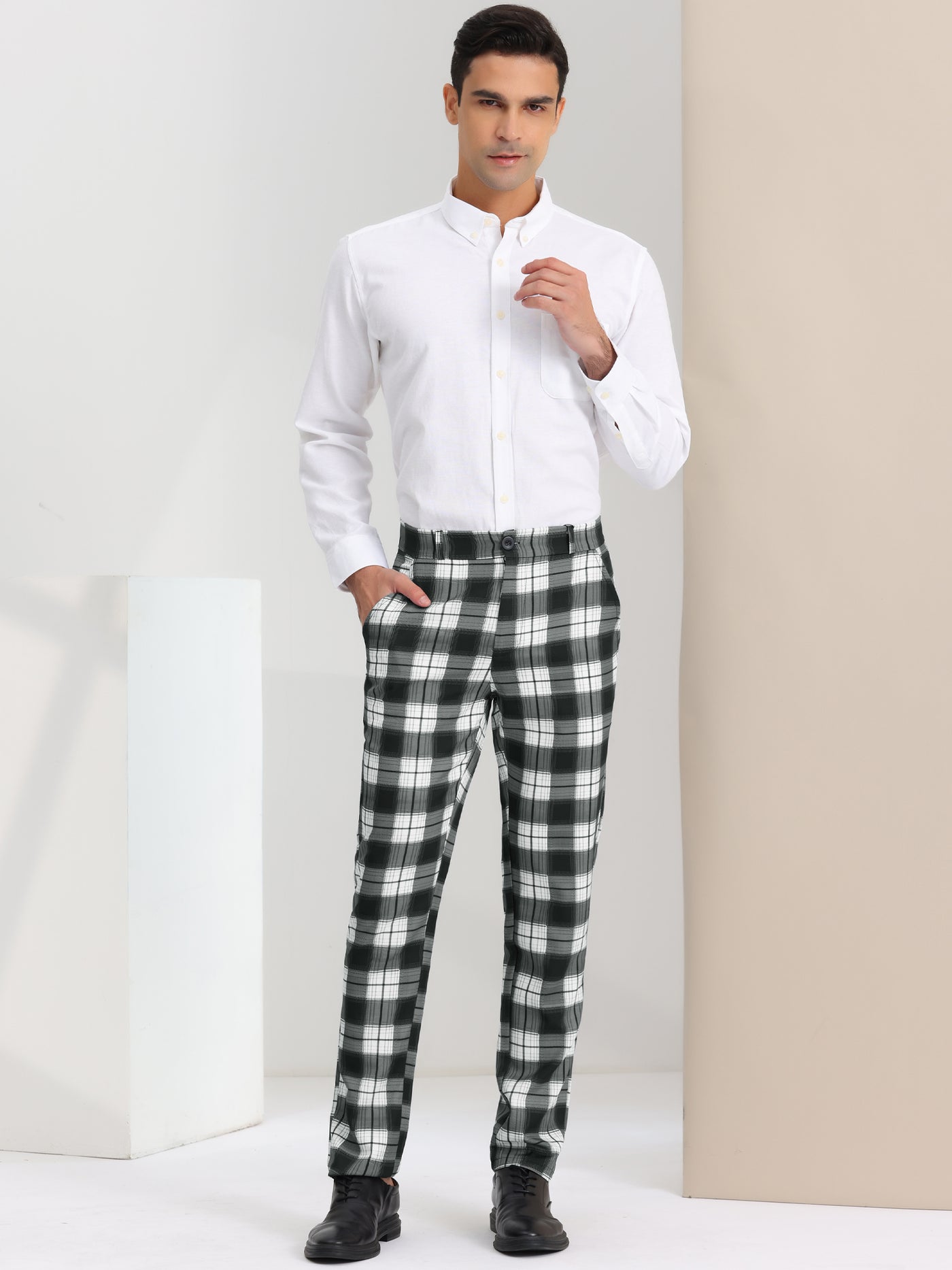 Bublédon Men's Regular Fit Flat Front Classic Elastic Waist Suit Plaid Pants