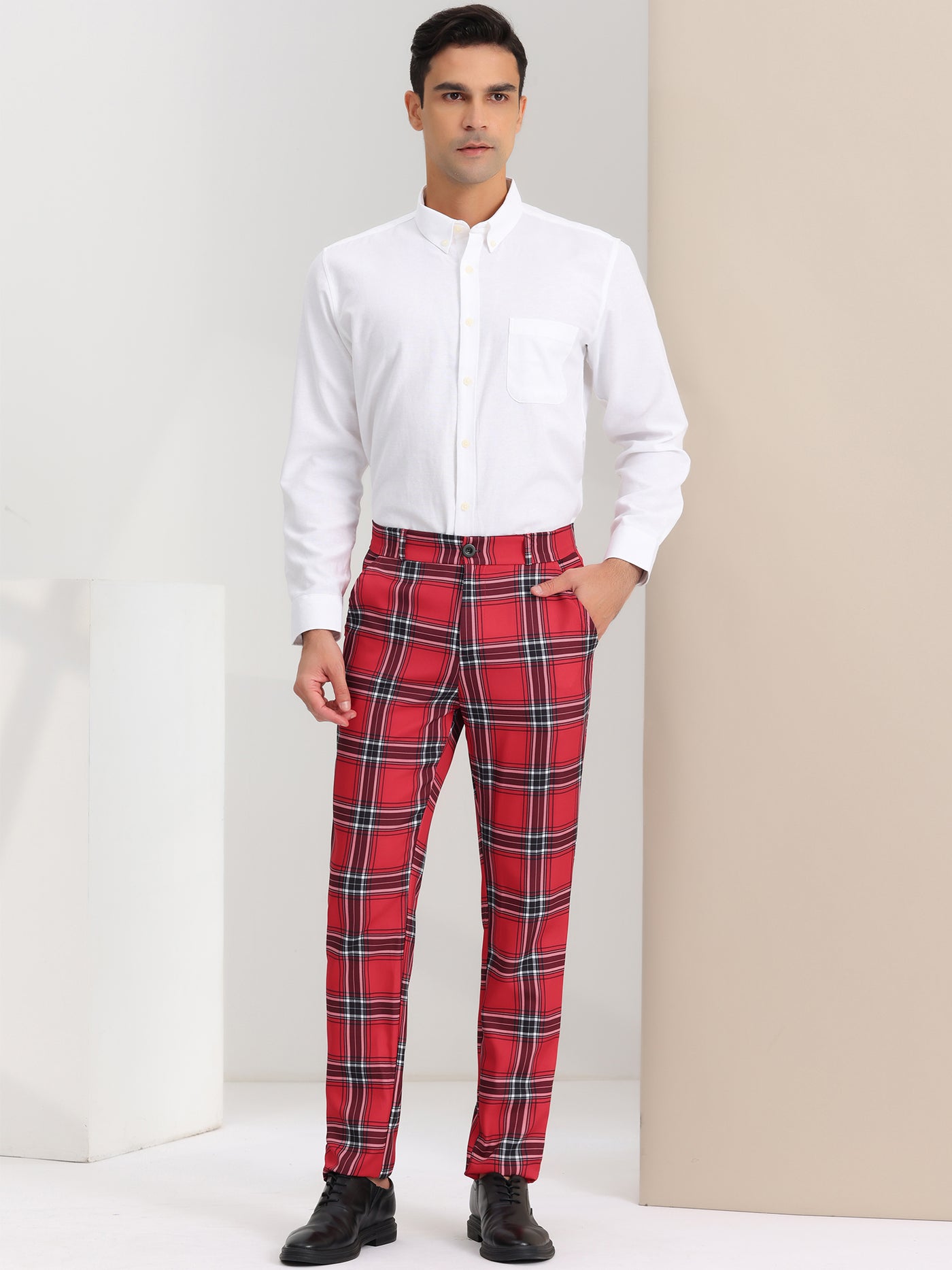 Bublédon Men's Checked Suit Flat Front Stretch Elastic Waist Plaid Pants