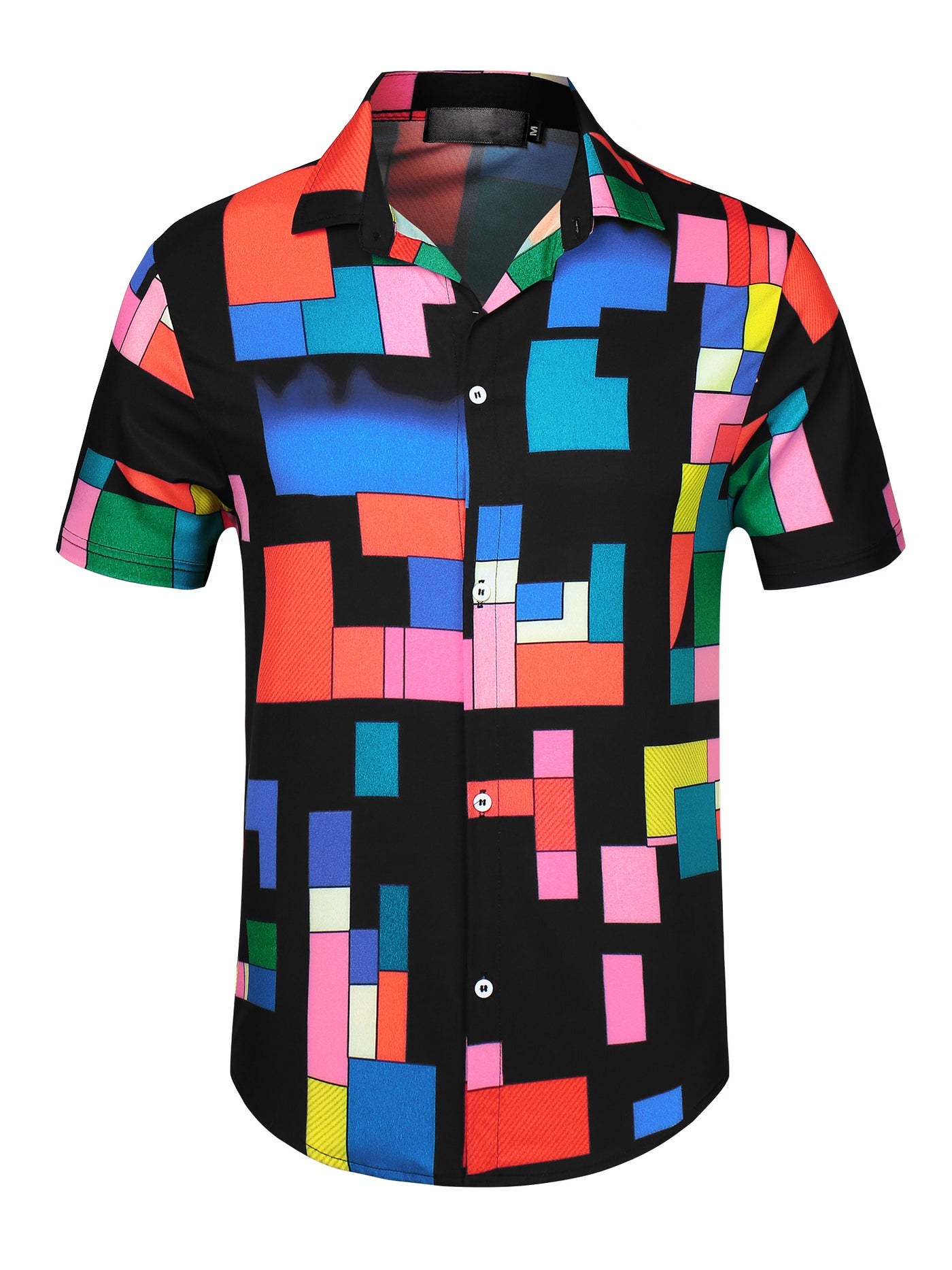 Bublédon Colorful Print Button Short Sleeve Round Hem Shirts