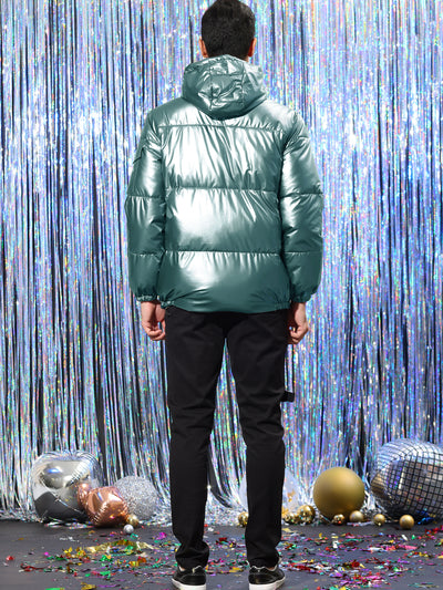 Men's Hoodie Metallic Puffer Full Zip Heavyweight Shiny Quilting Jacket