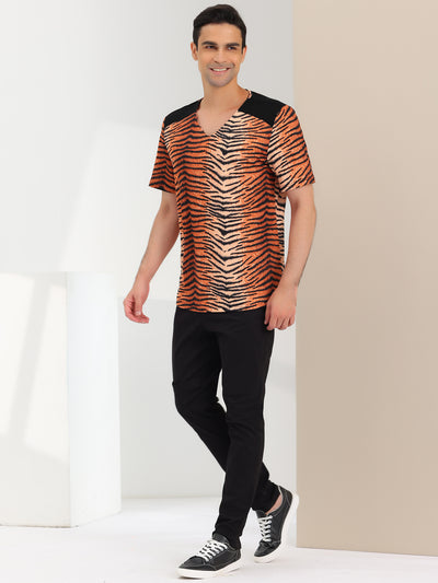 Leopard Print V Neck PU Panel Short Sleeve T-shirts