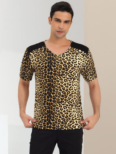 Leopard Print V Neck PU Panel Short Sleeve T-shirts