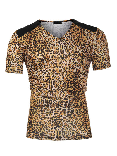 Leopard Print V Neck PU Panel Short Sleeve T-shirts