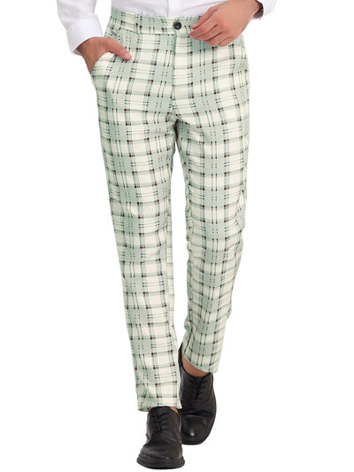 Men's Slim Fit Checked Flat Front Business Plaid Formal Dress Pants