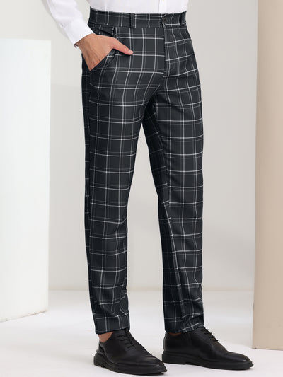 Men's Slim Fit Checked Flat Front Business Plaid Formal Dress Pants