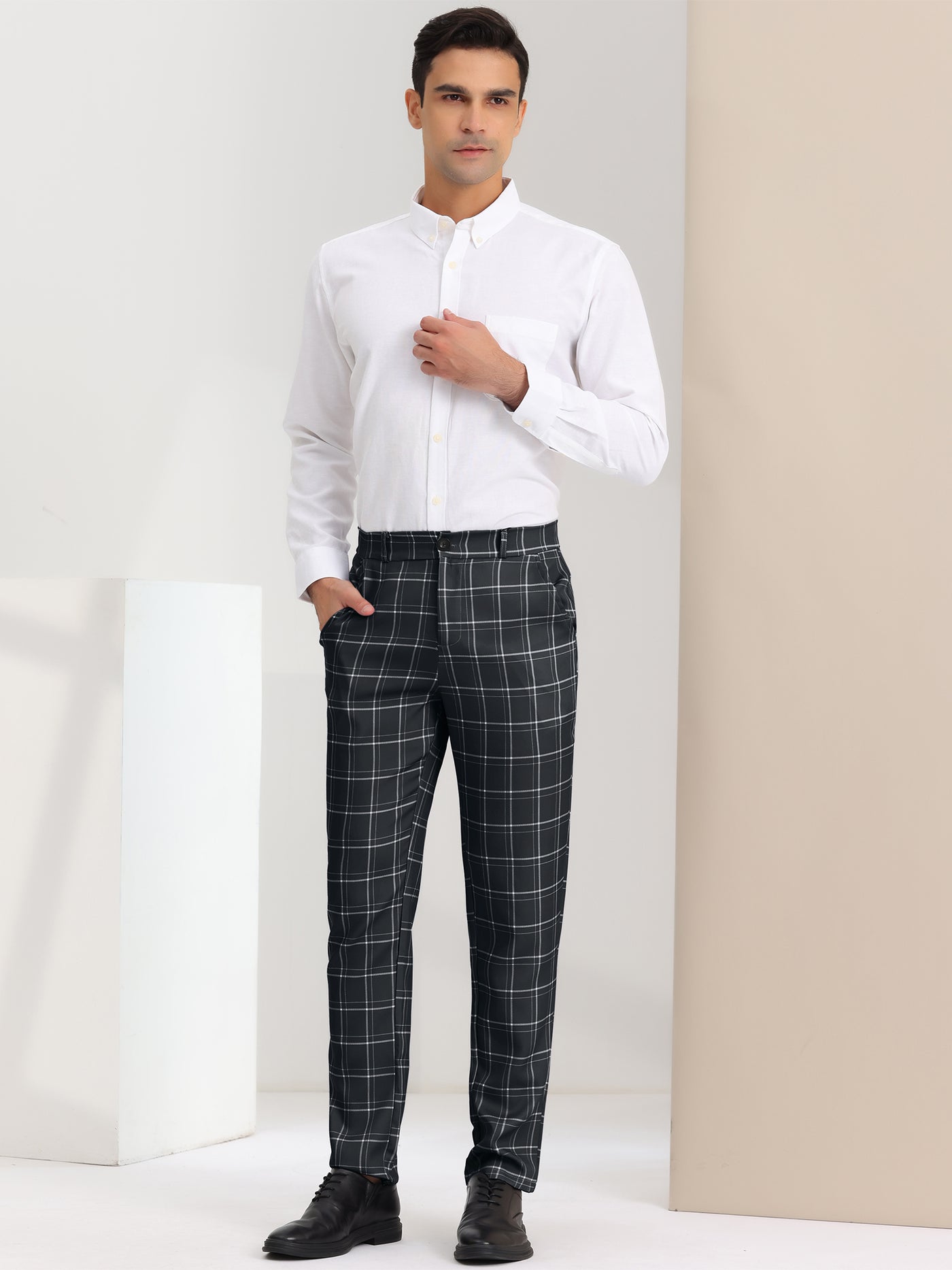 Bublédon Men's Slim Fit Checked Flat Front Business Plaid Formal Dress Pants