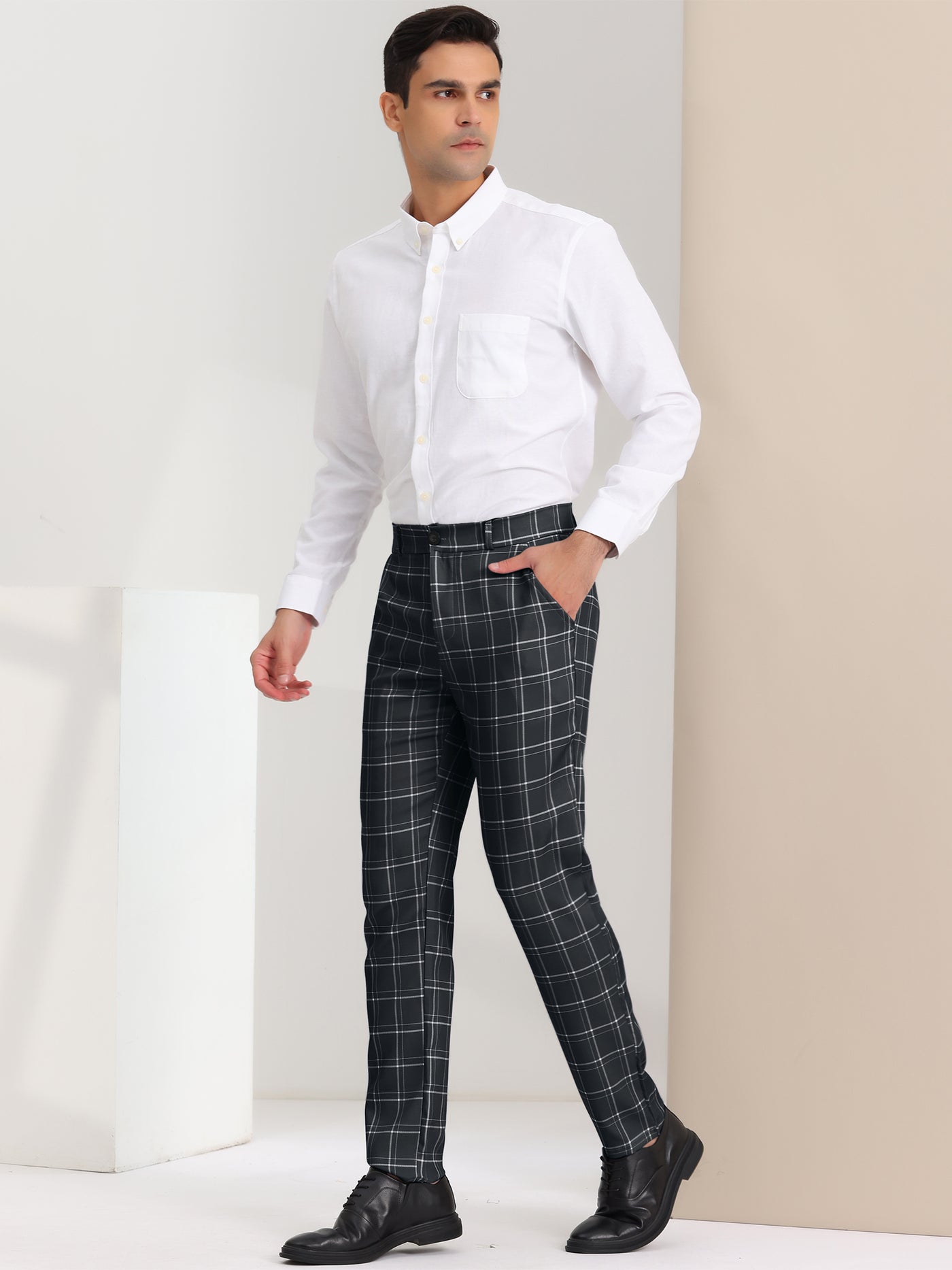 Bublédon Men's Slim Fit Checked Flat Front Business Plaid Formal Dress Pants