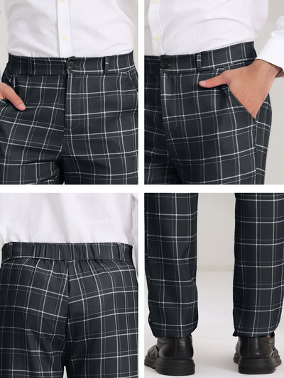 Men's Slim Fit Checked Flat Front Business Plaid Formal Dress Pants