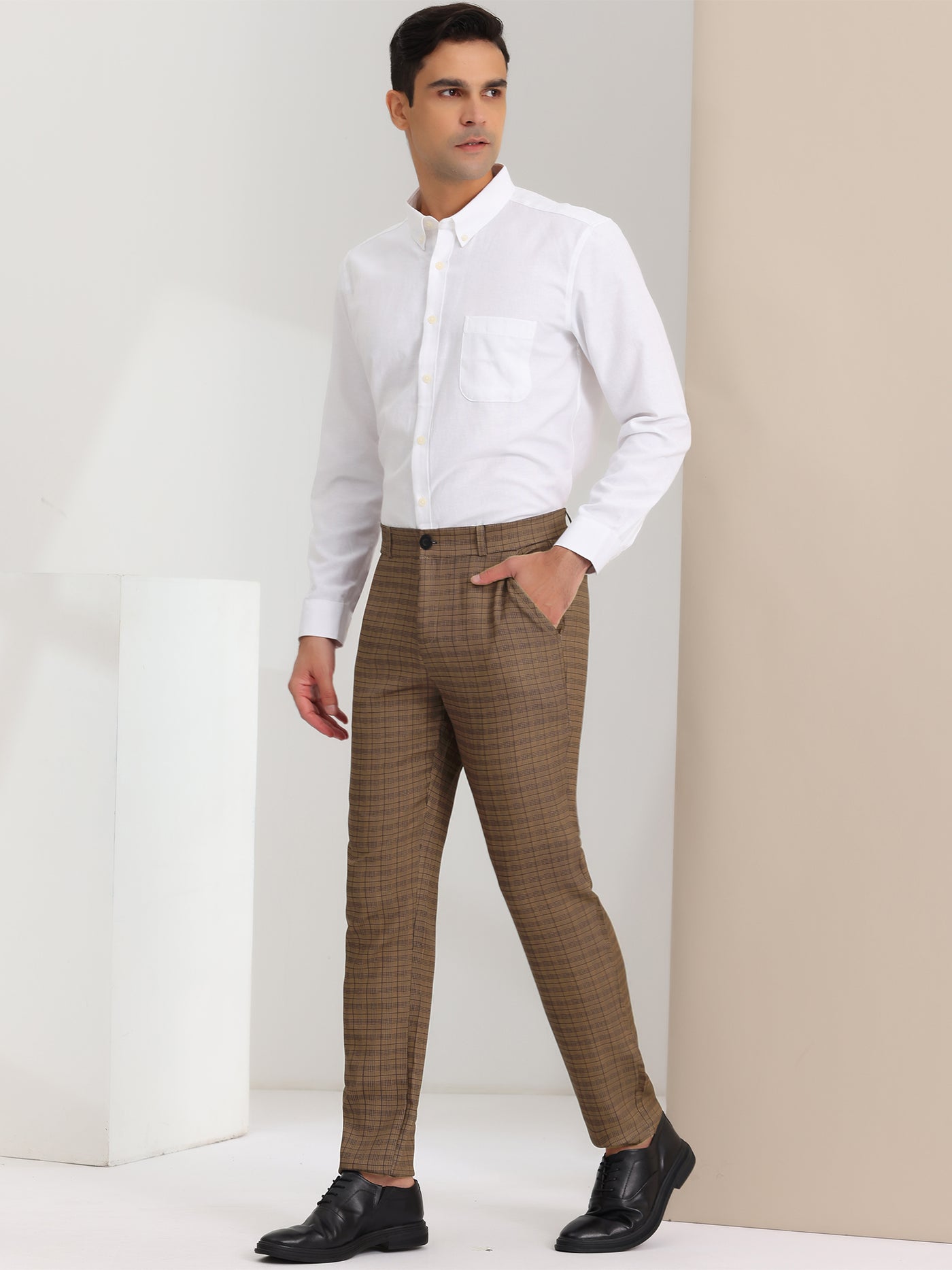 Bublédon Men's Classic Plaid Dress Pants Flat Front Checked Office Prom Trousers