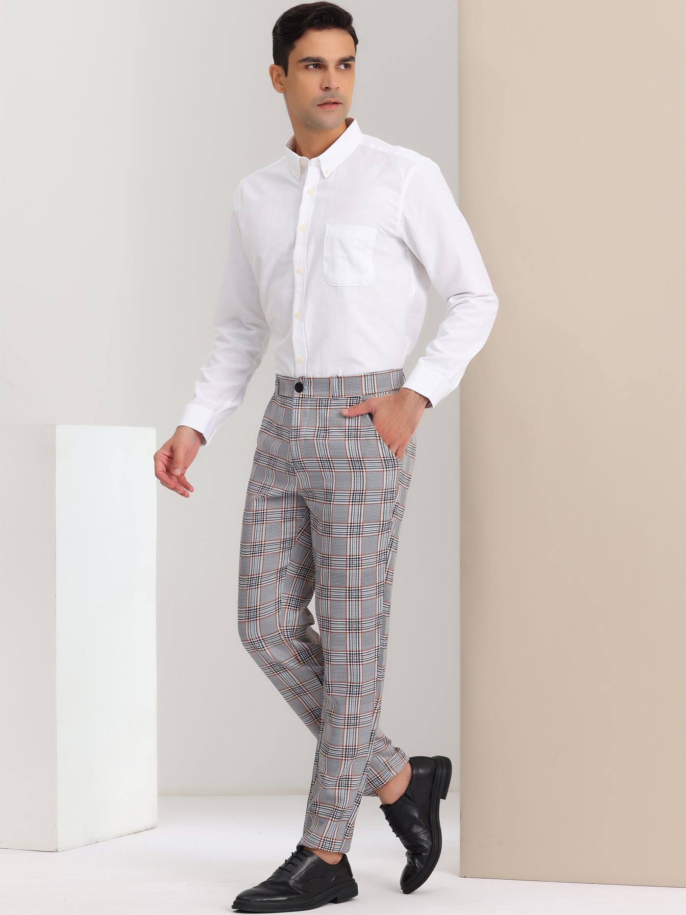 Bublédon Men's Classic Plaid Dress Pants Flat Front Checked Office Prom Trousers