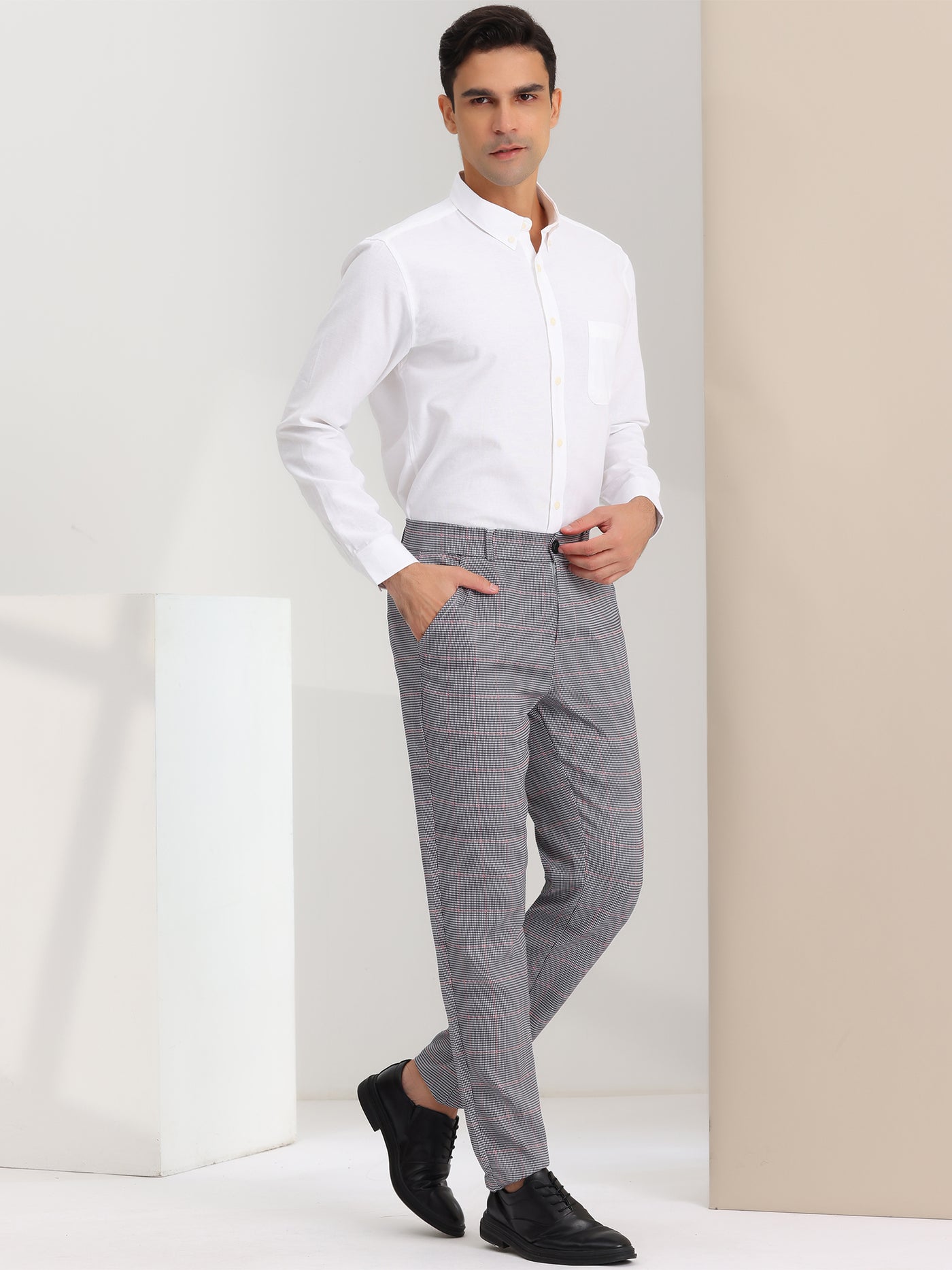 Bublédon Men's Classic Plaid Dress Pants Flat Front Checked Office Prom Trousers