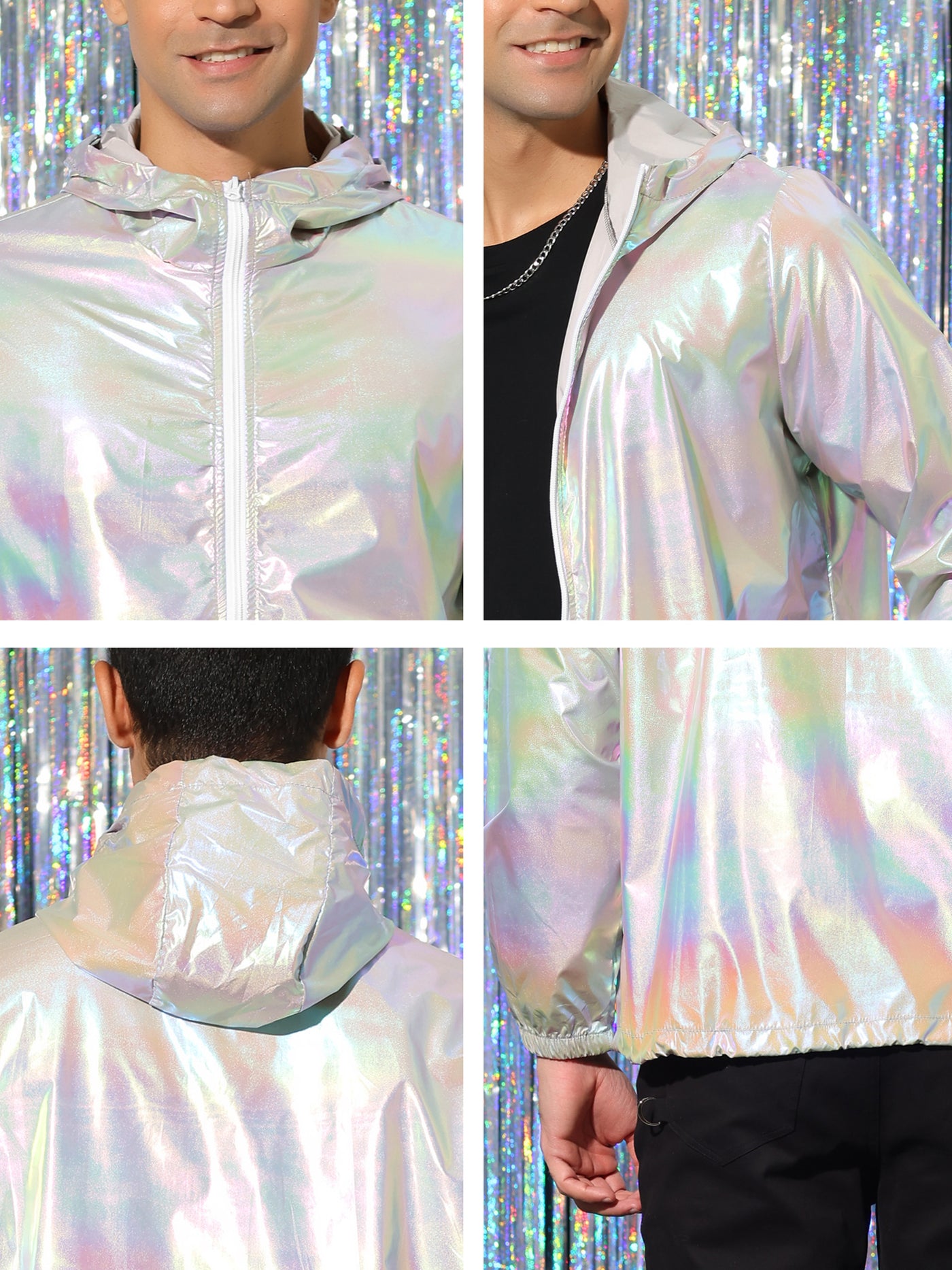 Bublédon Men's Metallic Jacket Lightweight Zip Up Holographic Shiny Hooded Jackets