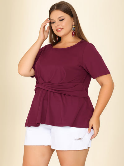 Women Plus Size Short Sleeves Twisted Knot Front Peplum Top