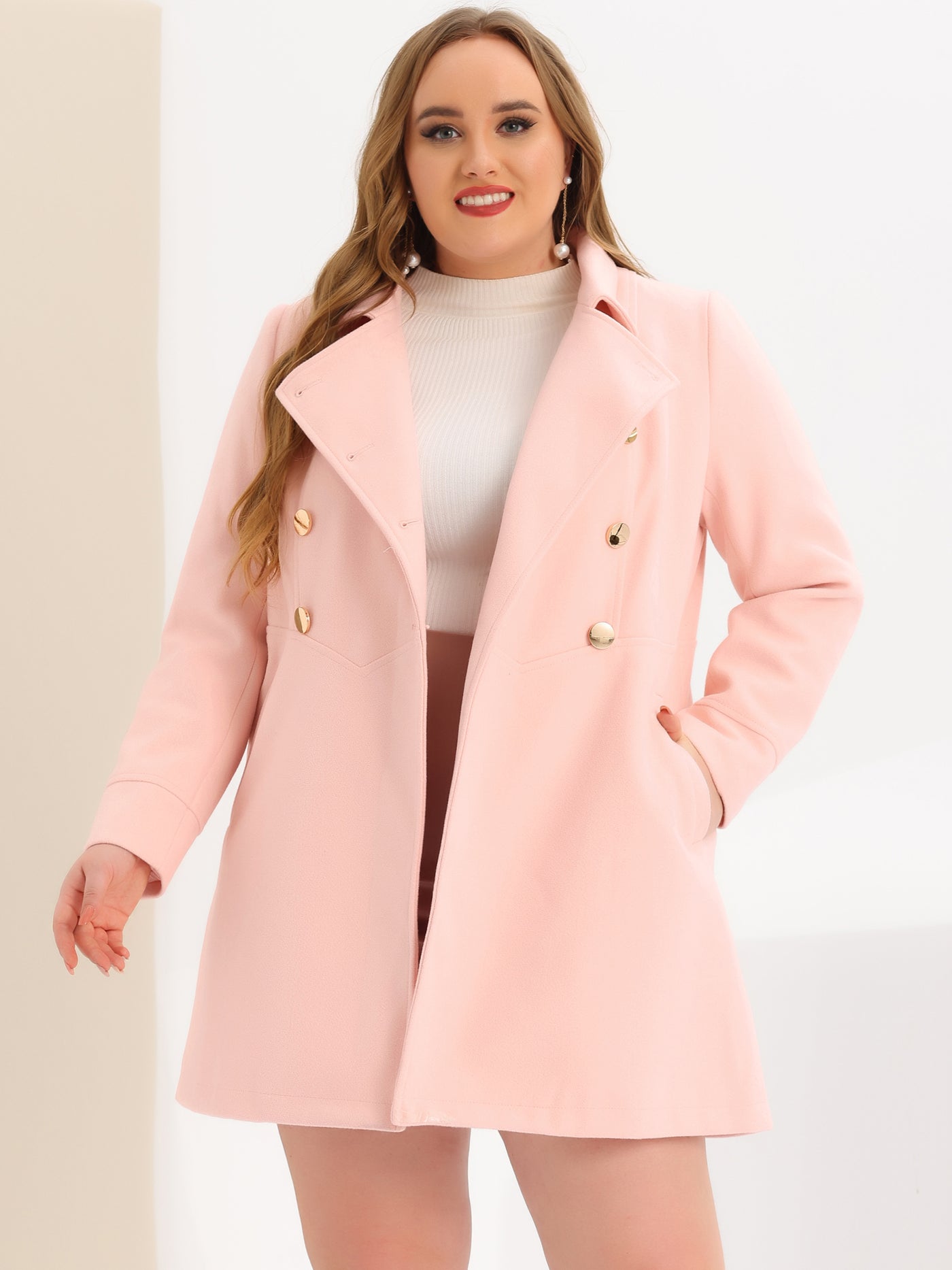 Bublédon Plus Size A Line Turn Down Collar Double Breasted Coat