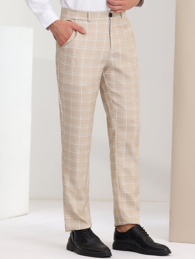 Men's Plaid Business Pants Classic Fit Flat Front Formal Office Trousers