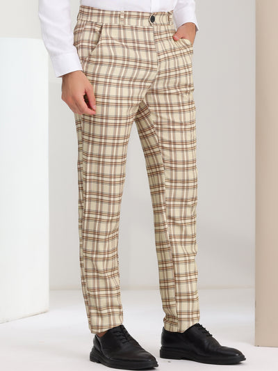 Men's Slim Fit Checked Flat Front Business Plaid Formal Dress Pants