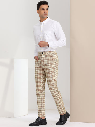 Men's Slim Fit Checked Flat Front Business Plaid Formal Dress Pants