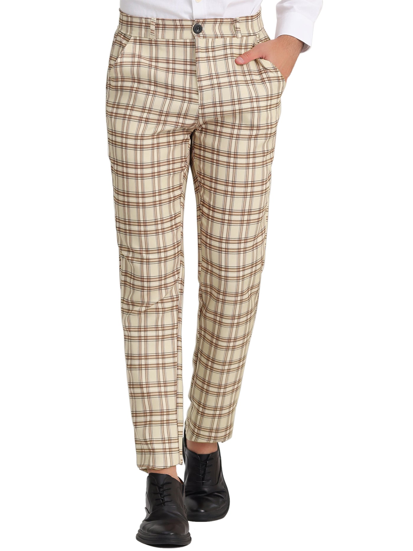 Bublédon Men's Slim Fit Checked Flat Front Business Plaid Formal Dress Pants