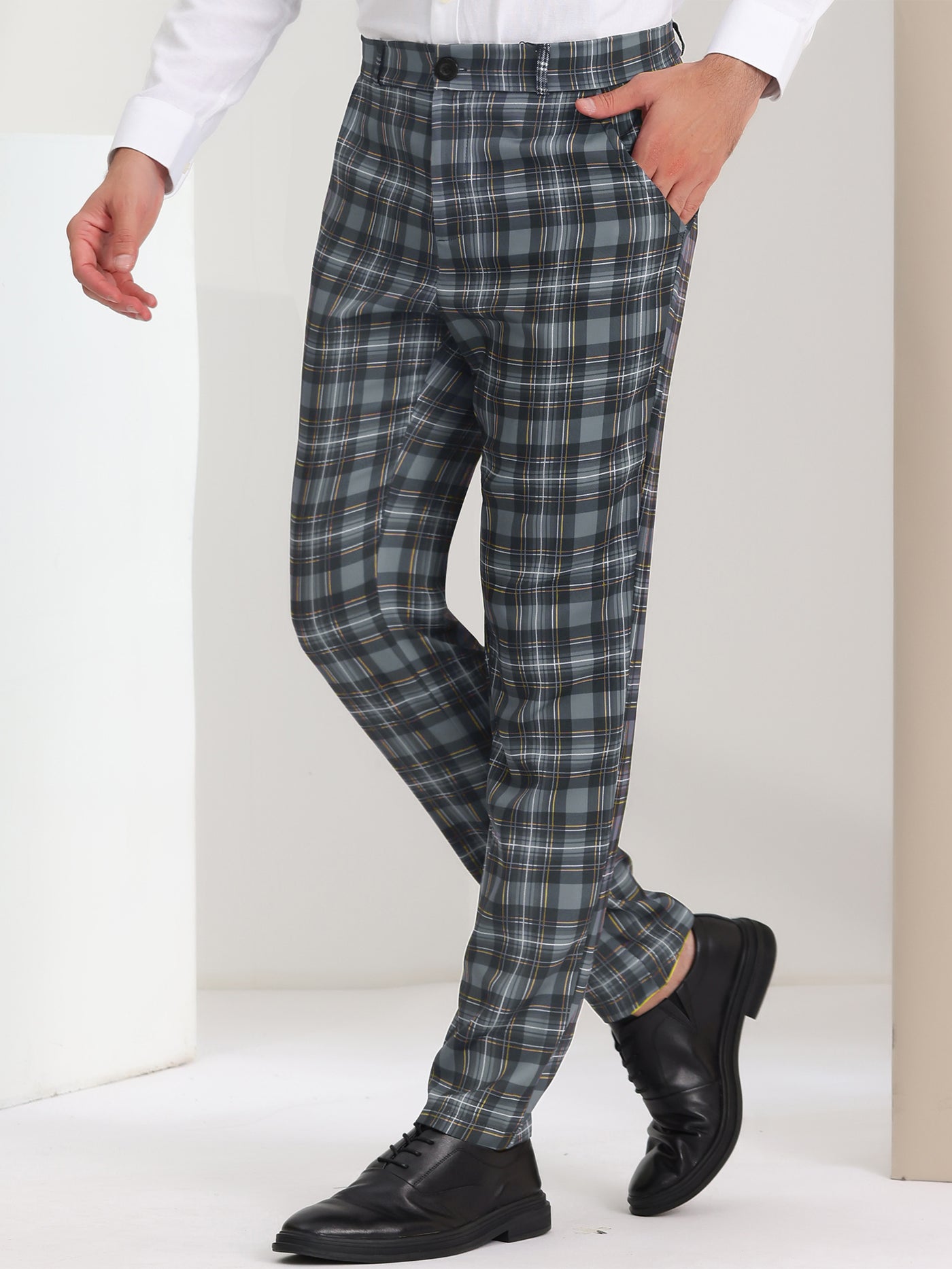 Bublédon Men's Slim Fit Checked Flat Front Business Plaid Formal Dress Pants