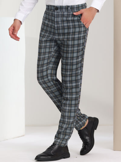 Men's Slim Fit Checked Flat Front Business Plaid Formal Dress Pants