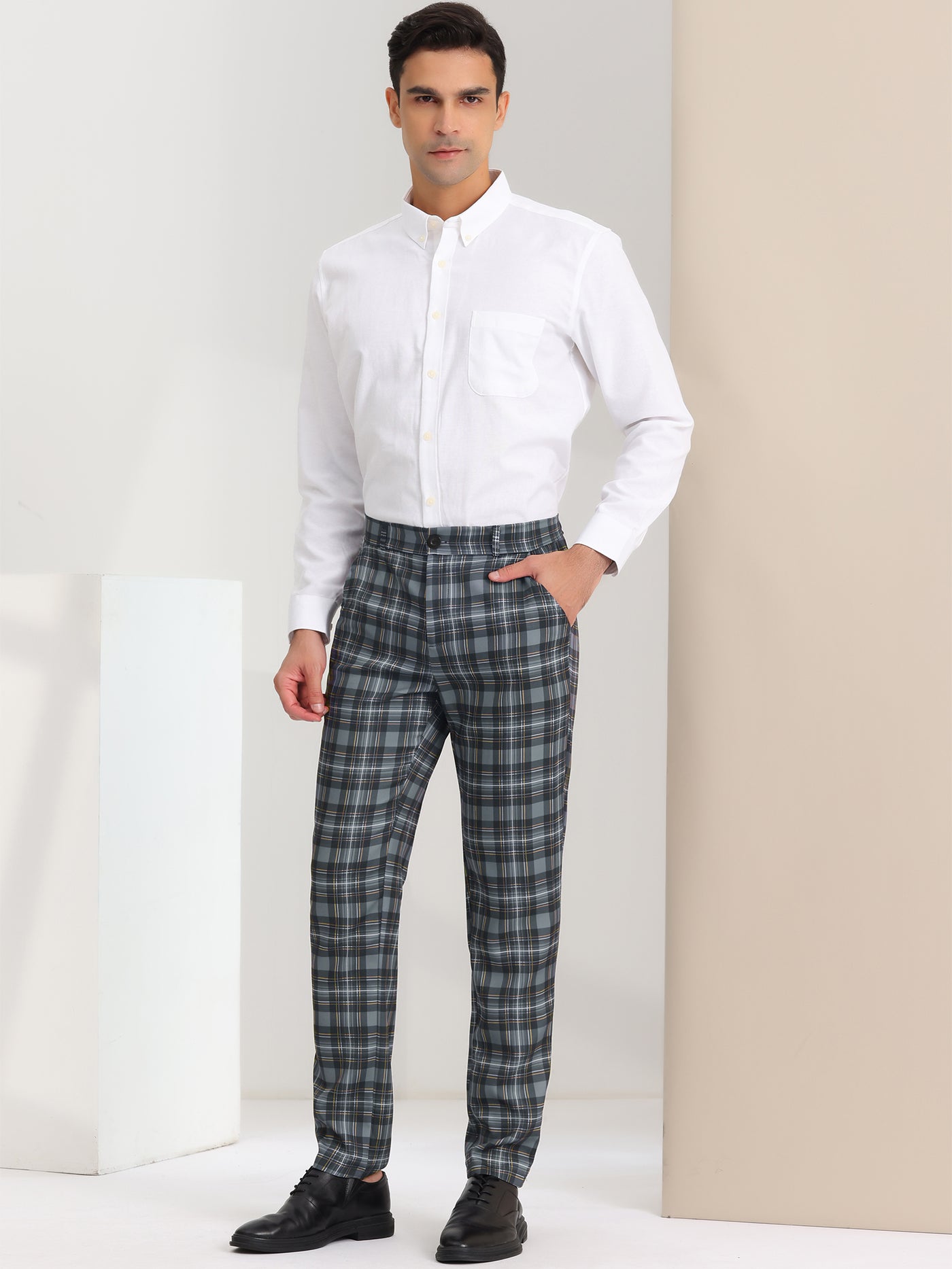 Bublédon Men's Slim Fit Checked Flat Front Business Plaid Formal Dress Pants