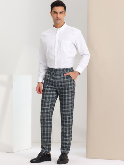 Men's Slim Fit Checked Flat Front Business Plaid Formal Dress Pants