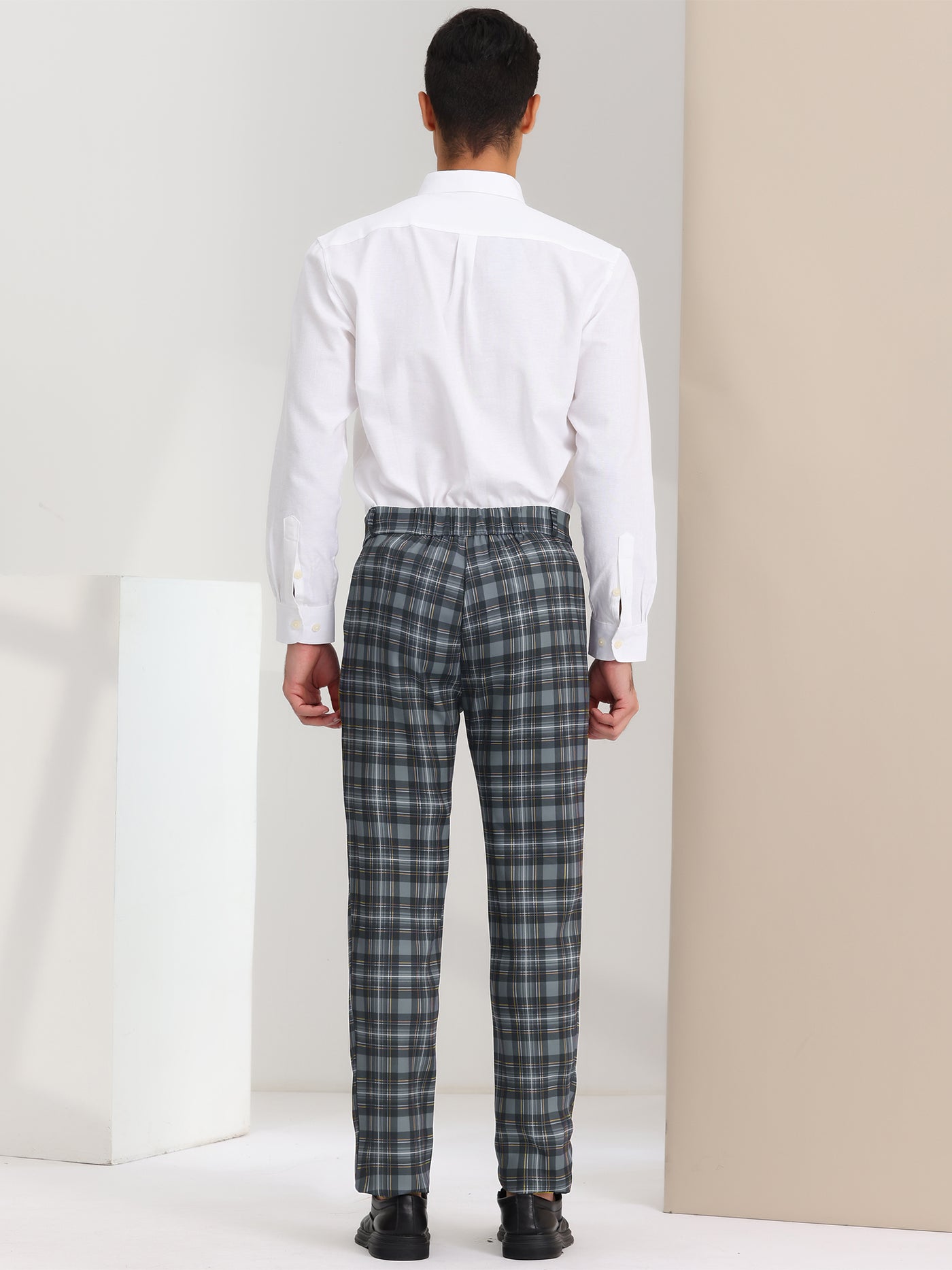 Bublédon Men's Slim Fit Checked Flat Front Business Plaid Formal Dress Pants