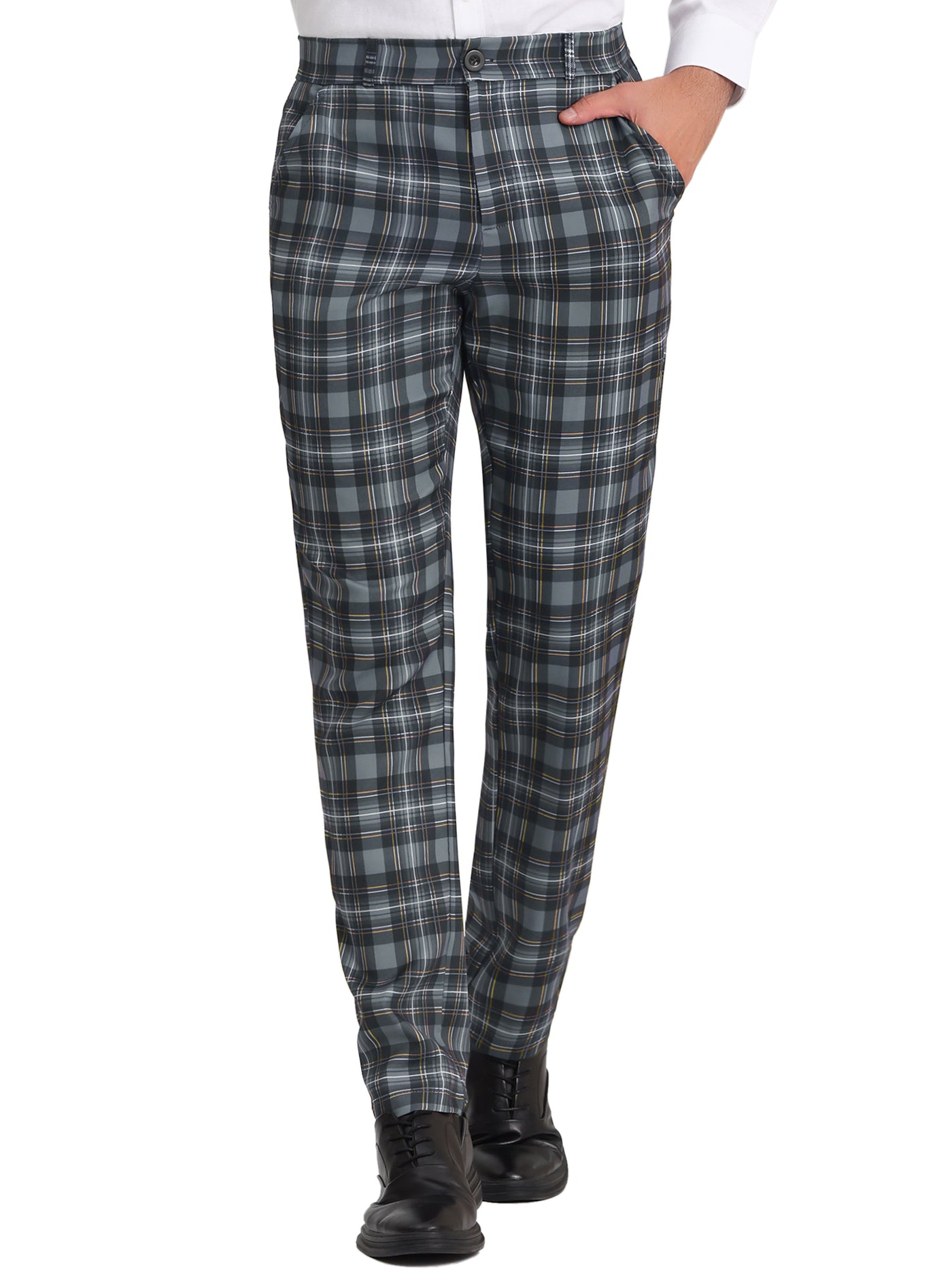 Bublédon Men's Slim Fit Checked Flat Front Business Plaid Formal Dress Pants