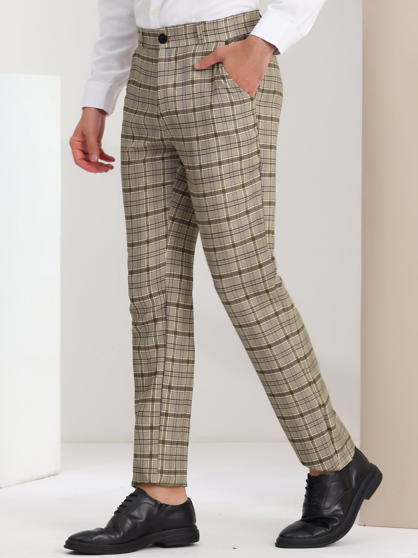 Bublédon Men's Slim Fit Checked Flat Front Business Plaid Formal Dress Pants