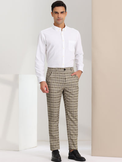 Men's Slim Fit Checked Flat Front Business Plaid Formal Dress Pants