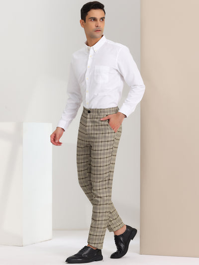 Men's Slim Fit Checked Flat Front Business Plaid Formal Dress Pants