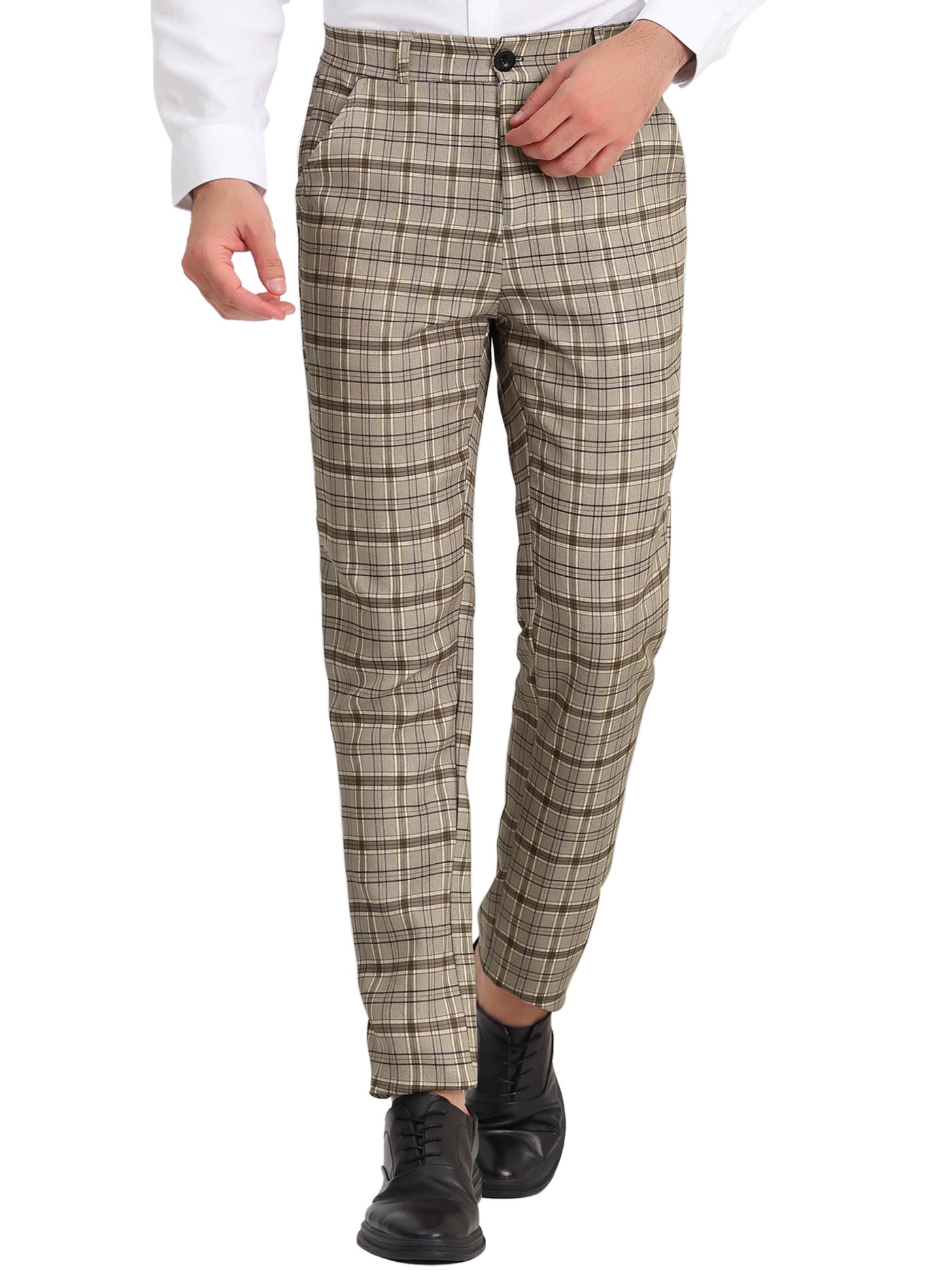 Bublédon Men's Slim Fit Checked Flat Front Business Plaid Formal Dress Pants