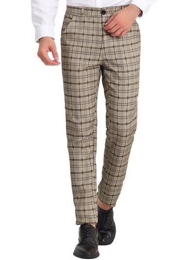 Men's Slim Fit Checked Flat Front Business Plaid Formal Dress Pants